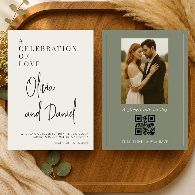 Convite de Casamento com Foto e Código QR em Verde (Criador carregado)