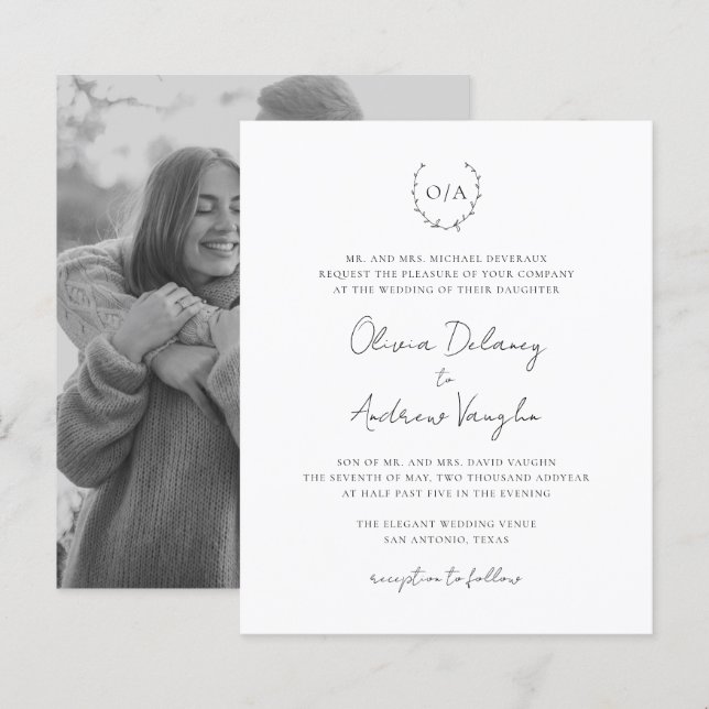 Convite de Casamento com Foto e Coroa de Monograma (Frente/Verso)