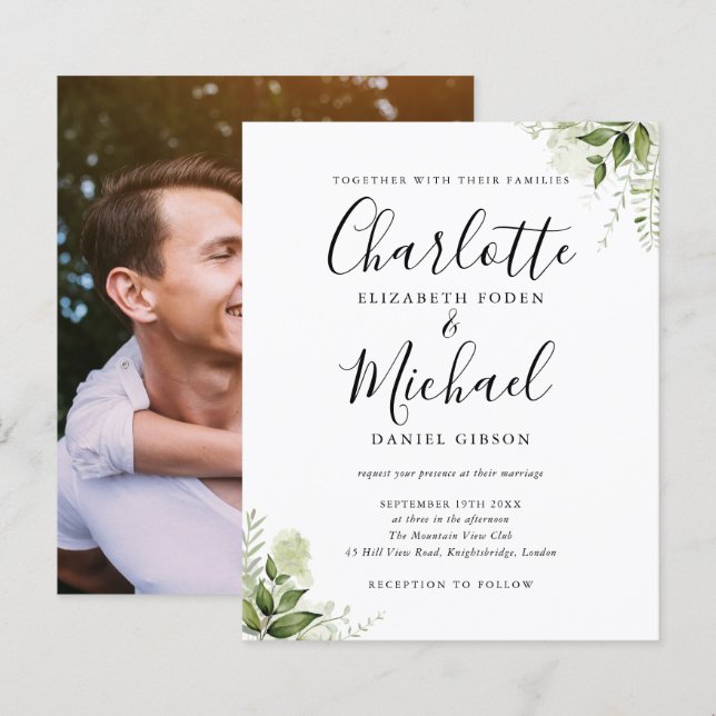 Convite de Casamento com Foto e Folhas de Verdura  (Frente/Verso)