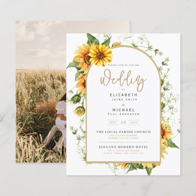 Convite de Casamento com Foto e Girassóis (Frente/Verso)