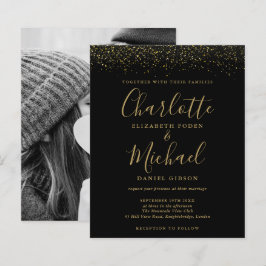 Convite de Casamento com Foto e Glitter Preto e Do