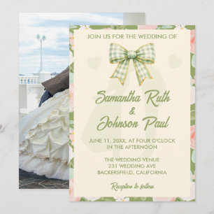 Convite de Casamento com Foto e Laço de Gingham Ve