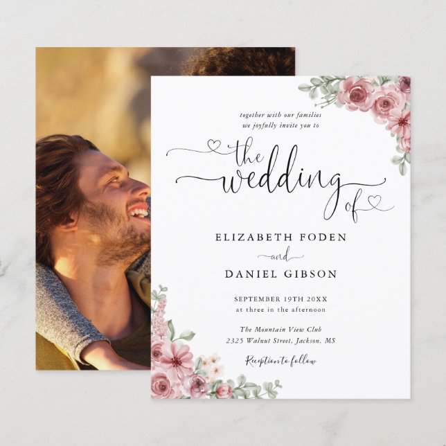 Convite de Casamento com Foto e Letra Floral Rosa  (Frente/Verso)