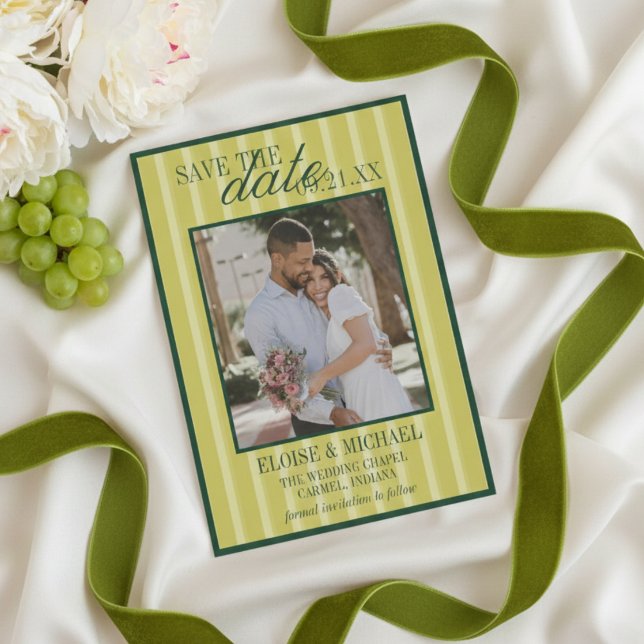 Convite de Casamento com Foto e Listra em Chartreu (Elegant Chartreuse Stripe Pattern Photo Wedding Invitation
)