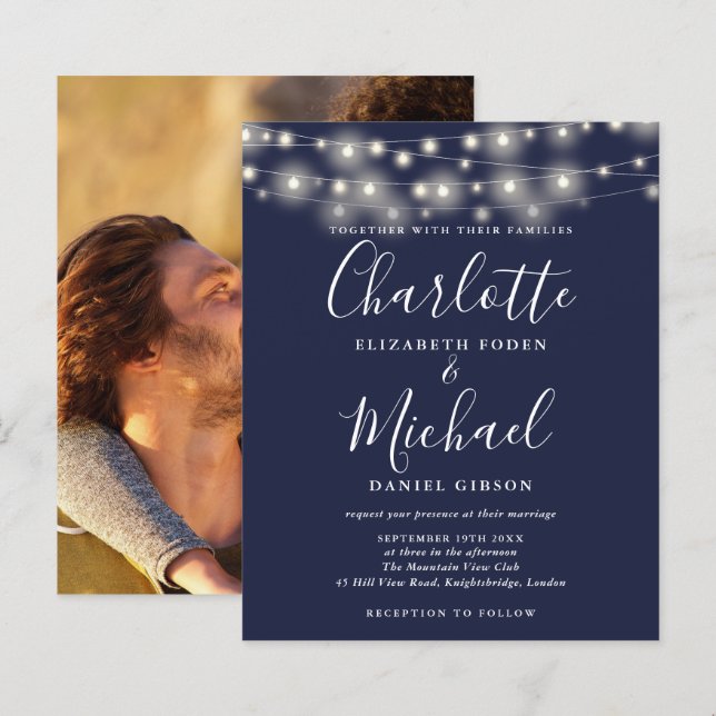 Convite de casamento com foto e luzes azuis navy e (Frente/Verso)