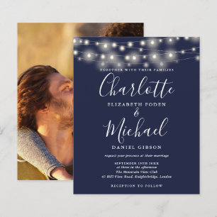 Convite de casamento com foto e luzes azuis navy e