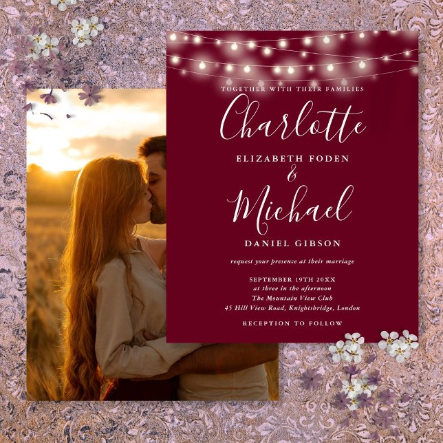 Convite de Casamento com Foto e Luzes Burgundy Eco (Budget Burgundy Lights Photo Wedding Invitation)