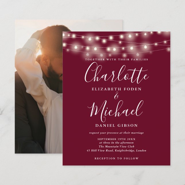 Convite de Casamento com Foto e Luzes de Borgonha  (Frente/Verso)