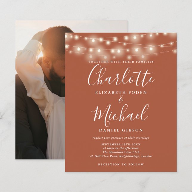Convite de casamento com foto e luzes de terracota (Frente/Verso)