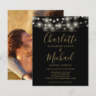 Convite de casamento com foto e luzes douradas e p