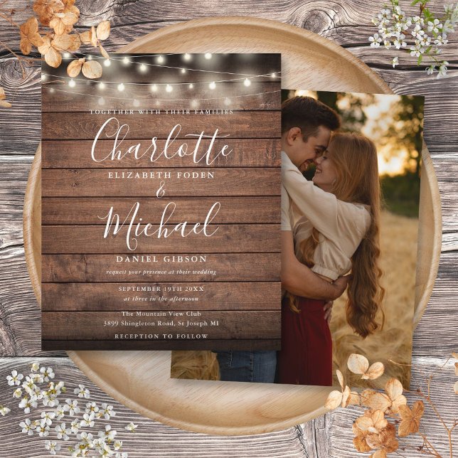 Convite de Casamento com Foto e Luzes Rústicas Eco (Budget Rustic Lights Photo Wedding Invitation)