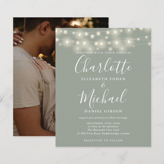 Convite de Casamento com Foto e Luzes Verde Sage E (Frente/Verso)
