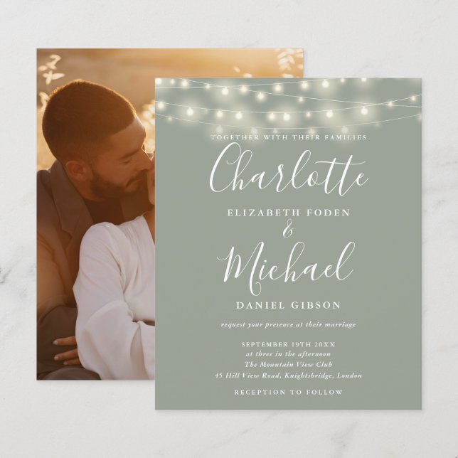 Convite de Casamento com Foto e Luzes Verde Sage E (Frente/Verso)