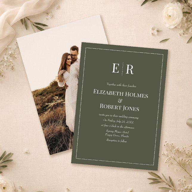 Convite de Casamento com Foto e Monograma em Oliva (Dark Olive Monogram Photo Wedding Invitation on a table with white flowers)