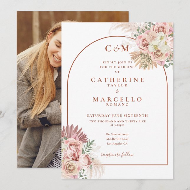 Convite de Casamento com Foto e Monograma em Terra (Frente/Verso)