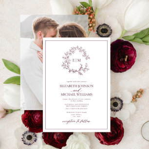 Convite de Casamento com Foto e Monograma Folhagem