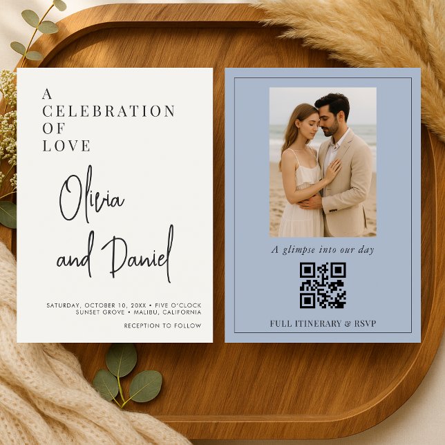 Convite de Casamento com Foto e QR Code em Azul Po (Criador carregado)