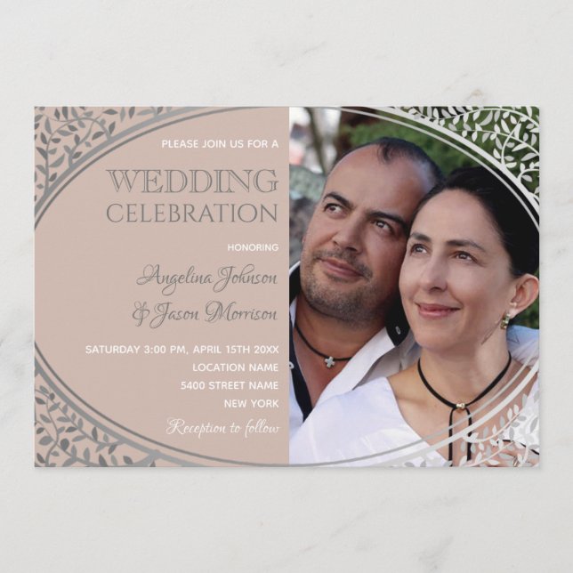Convite de Casamento com Foto e Renda Rosa Desbota (Frente)