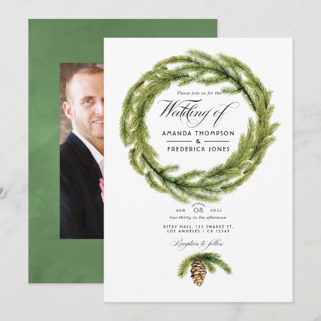 Convite de casamento com foto em aquarela de pinhe (Frente/Verso)