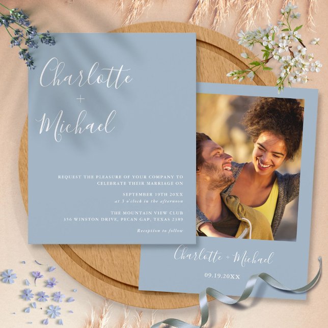 Convite de Casamento com Foto em Azul Empoeirado O (Budget Script Dusty Blue Photo Wedding Invitation)