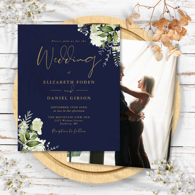 Convite de Casamento com Foto em Azul Naval e Dour (Budget Floral Navy Blue Gold Photo Wedding Invite)