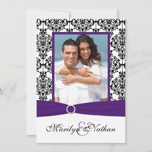 Convite de Casamento com Foto em Damasco Roxo, Bra (Frente)