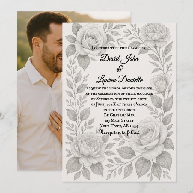 Convite de Casamento com Foto em Grafite Floral (Frente/Verso)