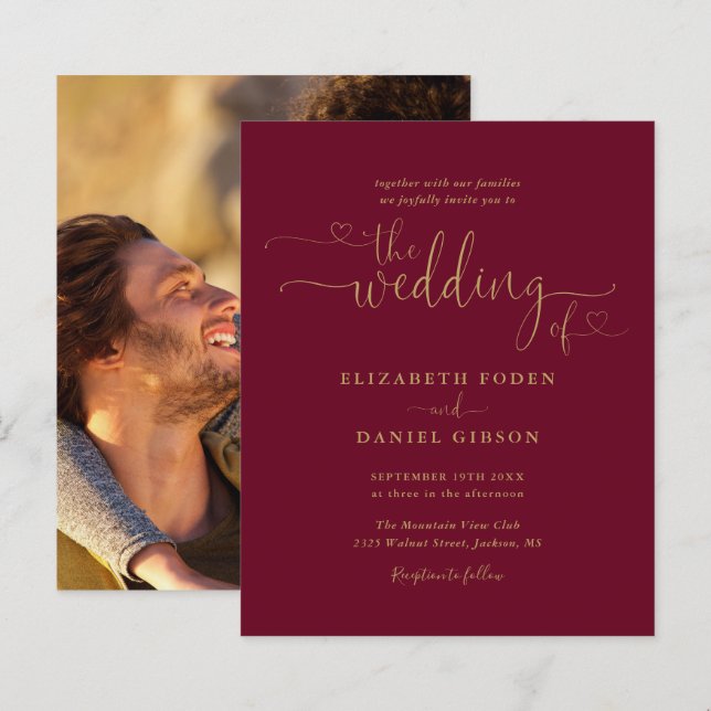 Convite de casamento com foto em letra dourada Bur (Frente/Verso)