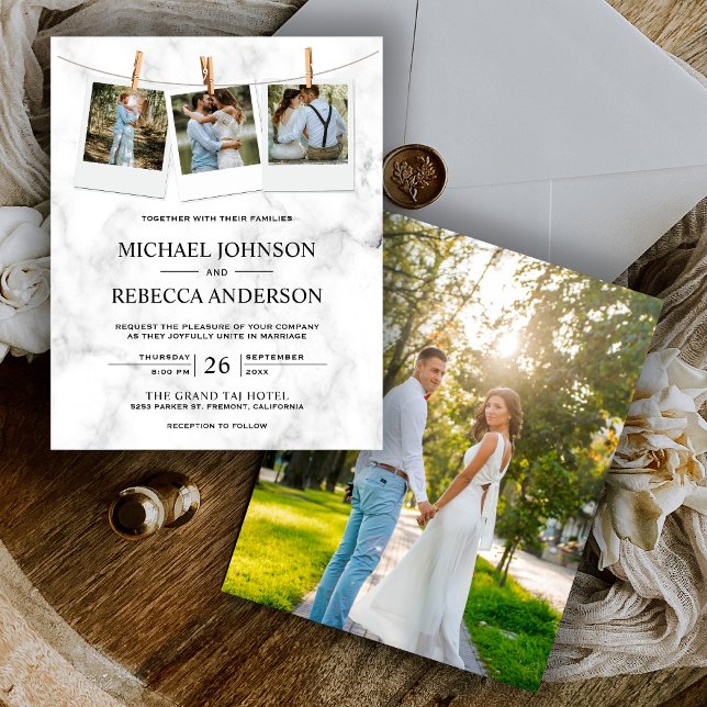 Convite de Casamento com Foto em Mármore Branco Or (Criador carregado)