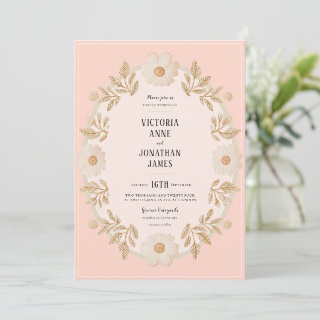 Convite de Casamento com Foto em Moldura Floral Pê (Em pé/Frente)