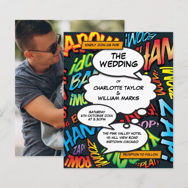 Convite de Casamento com Foto em Quadrinhos no Orç (Frente/Verso)