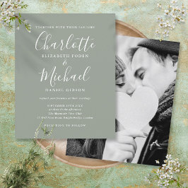 Convite de Casamento com Foto em Rótulo Verde Sage