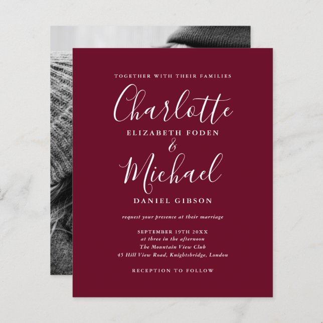 Convite de Casamento com Foto em Script Burgundy E (Frente/Verso)