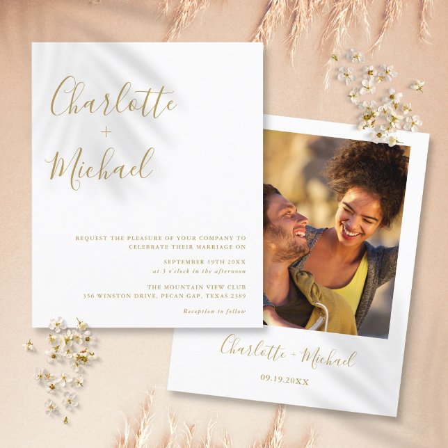 Convite de Casamento com Foto em Script Dourado Ec (Budget Gold Script Photo Wedding Invitation)