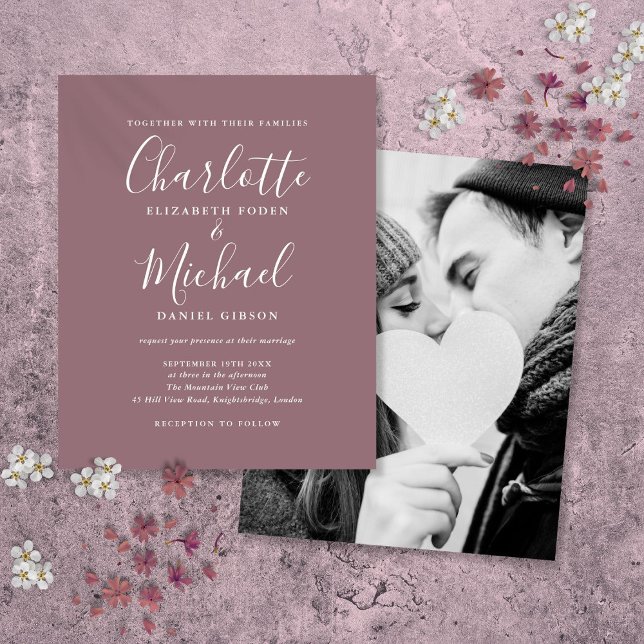 Convite de Casamento com Foto em Script Mauve Econ (Budget Mauve Script Photo Wedding Invitation)