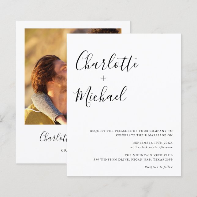 Convite de Casamento com Foto em Script Minimalist (Frente/Verso)