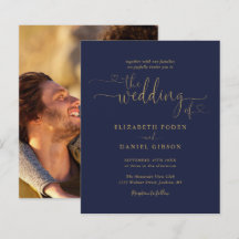 Convite de Casamento com Foto em Script Navy Gold 