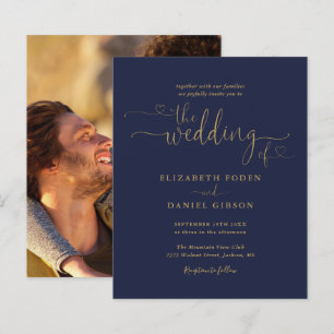 Convite de Casamento com Foto em Script Navy Gold