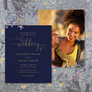 Convite de Casamento com Foto em Script Navy Gold 