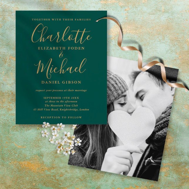 Convite de Casamento com Foto em Script Verde Dour (Criador carregado)