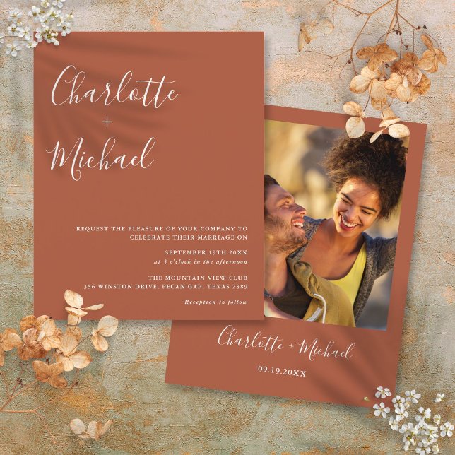 Convite de Casamento com Foto em Terracota com Orç (Budget Script Terracotta Photo Wedding Invitation)
