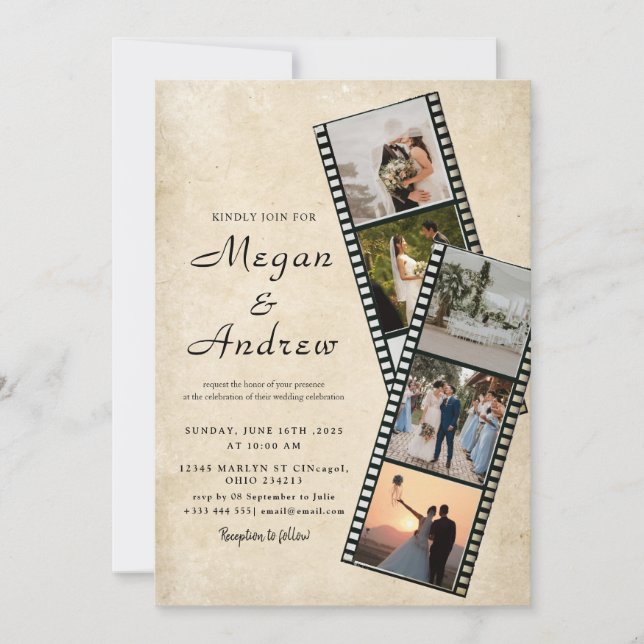 Convite de casamento com foto em tira de filme (Frente)