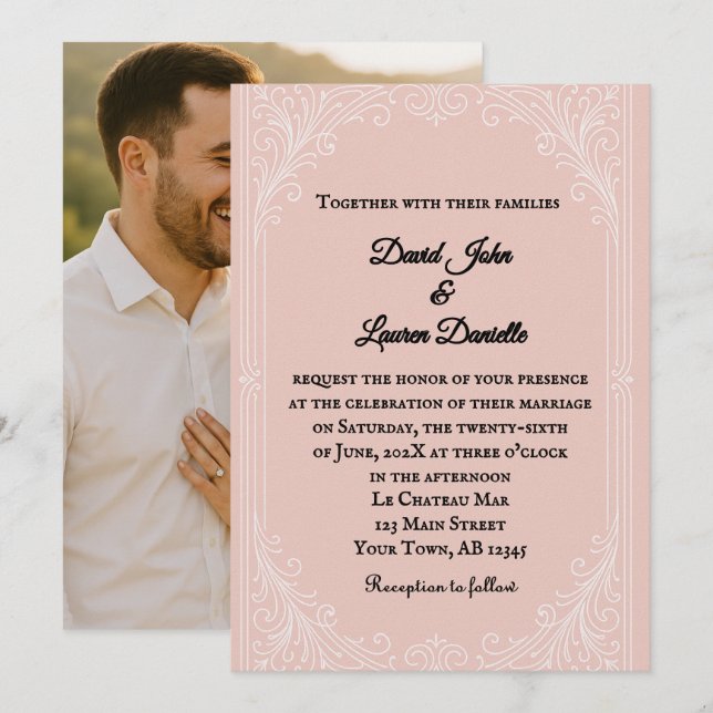 Convite de Casamento com Foto em Tom de Rosa Cetim (Frente/Verso)
