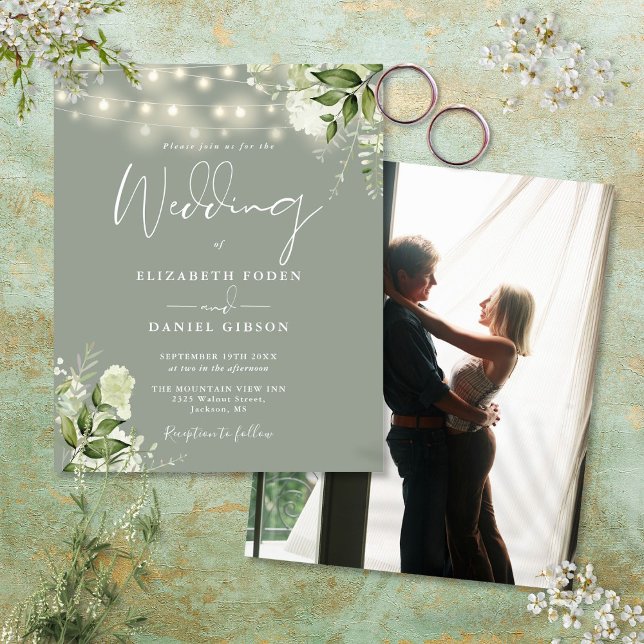 Convite de Casamento com Foto em Tons de Verde Sag (Budget Floral Sage Green Photo Wedding Invite)