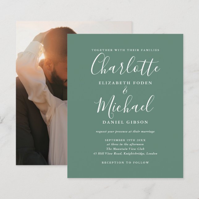 Convite de Casamento com Foto em Verde Eucalipto E (Frente/Verso)