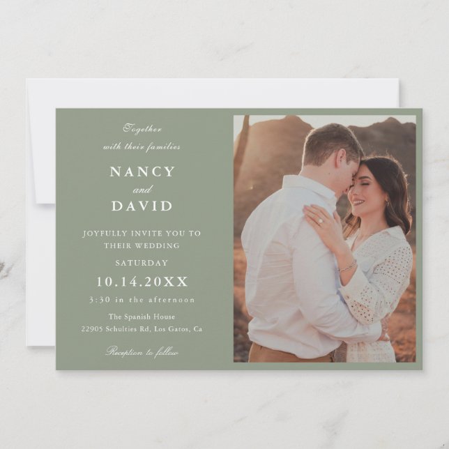 Convite de Casamento com Foto em Verde Sage Modern (Frente)