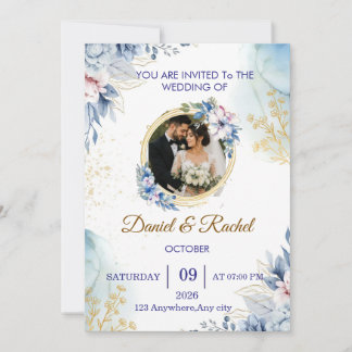 Convite de casamento com foto floral azul elegante