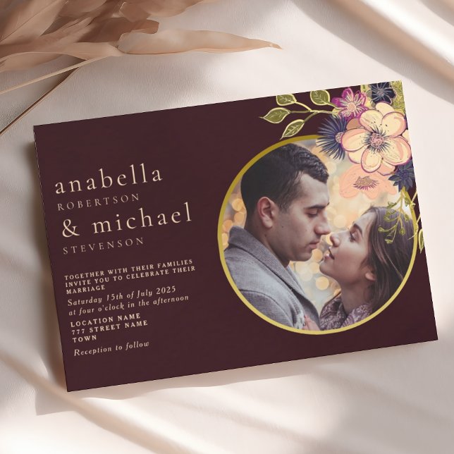 Convite de Casamento com Foto Floral Borgonha Româ (Criador carregado)
