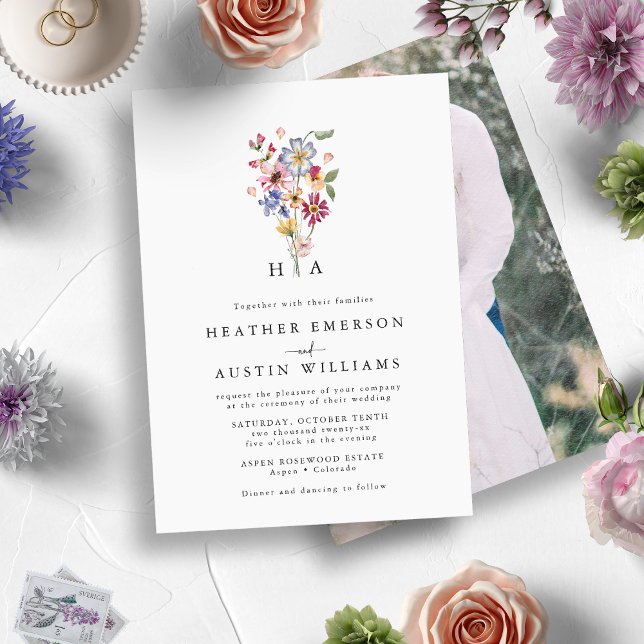 Convite de Casamento com Foto Floral Colorida (Monogrammed Colorful Wildflower with Engagement Photo Wedding Invitation by Painted Paperie )