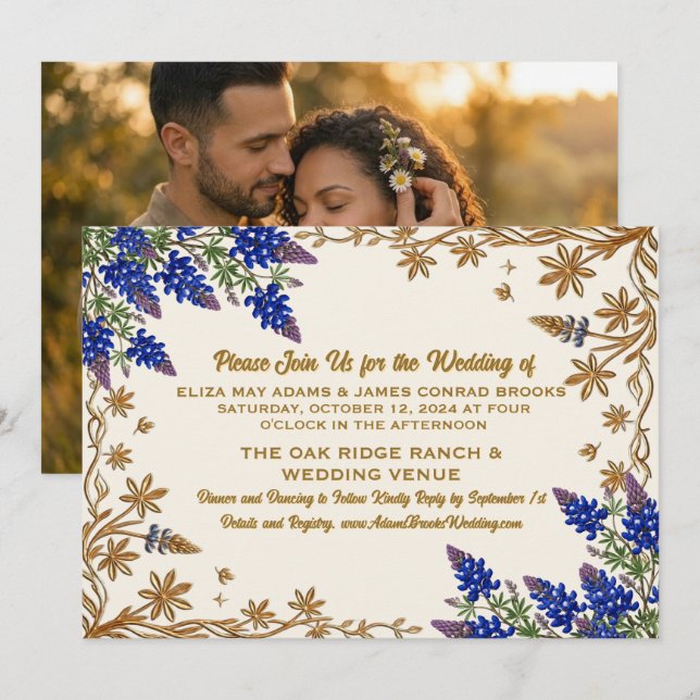 Convite de Casamento com Foto Floral do Texas Blue (Frente/Verso)